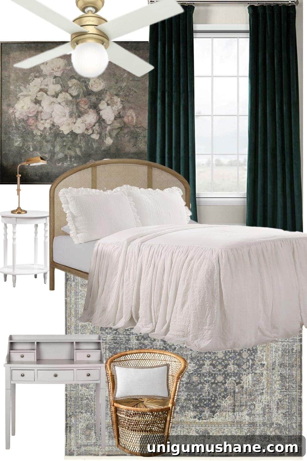 A vintage chic guest bedroom mood board with secondhand elements and budget-friendly home decor finds. #guestbedroom #bedroomdesign