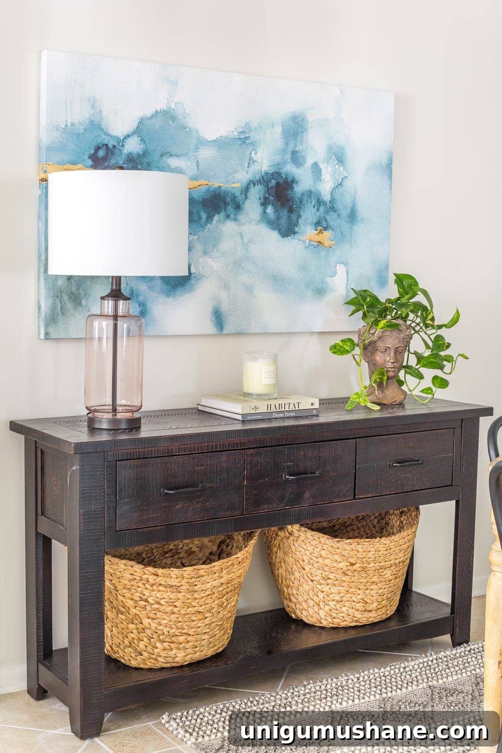 Small Breakfast Nook Makeover Reveal 8 Blue abstract art for a modern coastal vibe