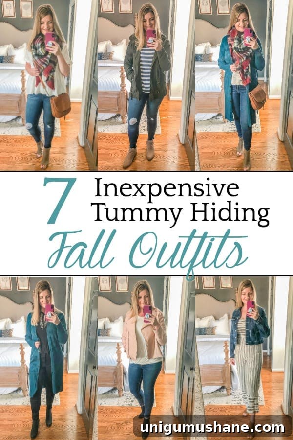 7 Inexpensive Tummy Hiding Fall Outfits | 7 fall outfit ideas and tummy pooch hiding tricks for postpartum / post-menopausal bodies, plus fashion staples that can be mixed and matched. 