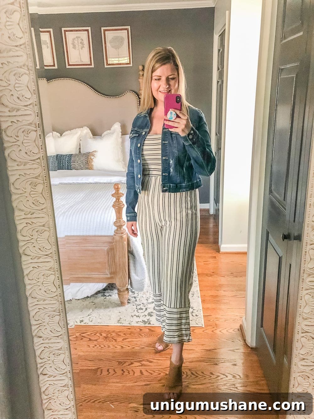 7 Inexpensive Tummy Hiding Mom Friendly Fall Outfits - fall jumpsuit with denim jacket and booties