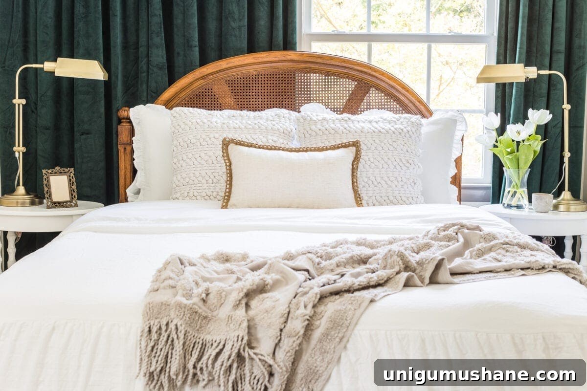 How to Restore Worn Caned Furniture and Seats 5 Guest bedroom makeover with linen skirted vintage style bedding and thrifted cane headboard