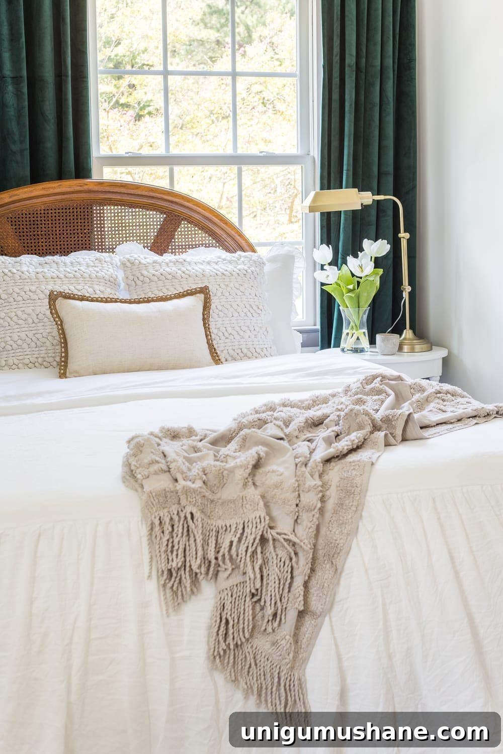 How to Restore Worn Caned Furniture and Seats 6 Guest bedroom makeover with linen skirted vintage style bedding and thrifted cane headboard