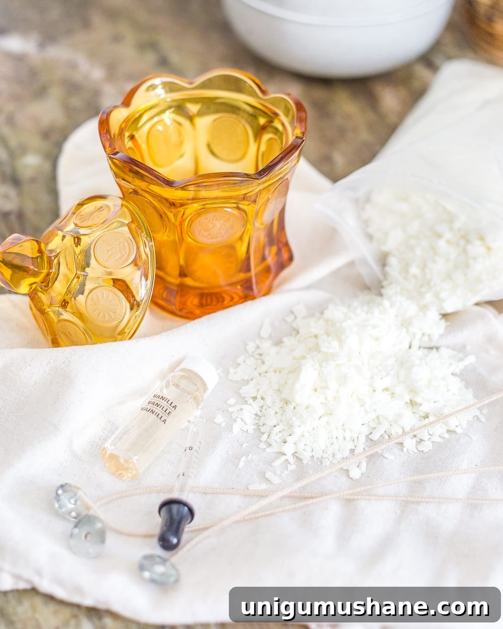 A basic, beginner's step-by-step tutorial for making soy wax candles from repurposed secondhand candy dishes, tea cups, bowls, and jars.