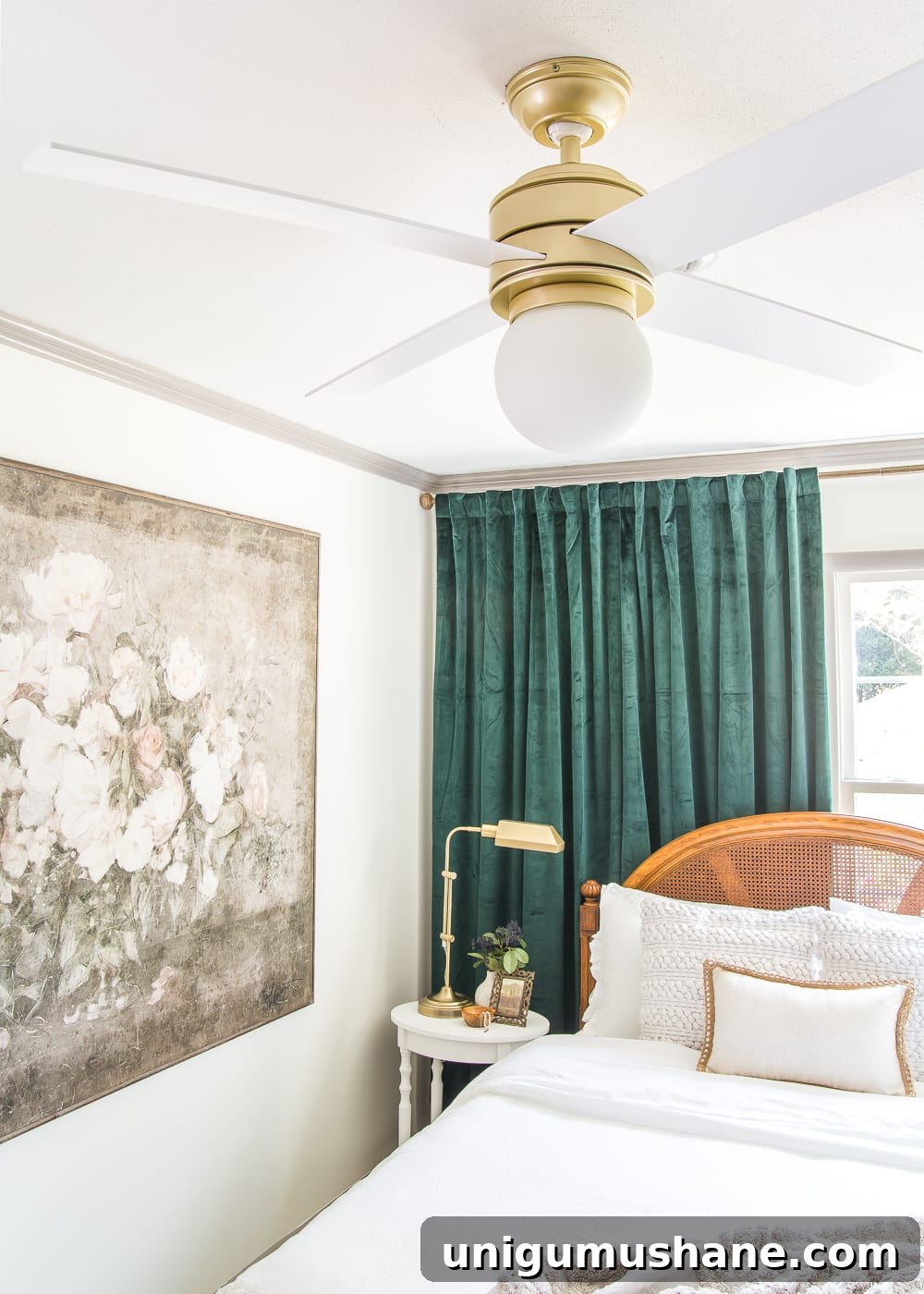 20 Modern Ceiling Fans to Transform Your Space 6 Gorgeous matte brass modern ceiling fan in a bedroom