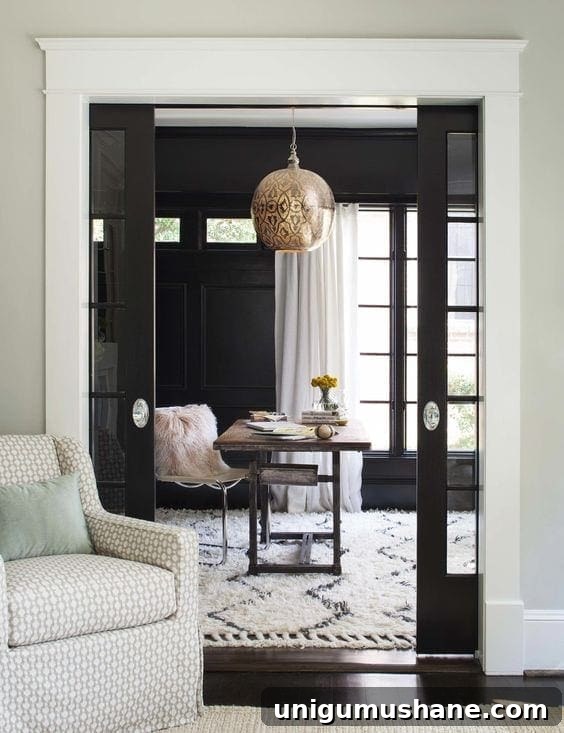 Black Paint Ideas for Dramatic Home Interiors 14 Sophisticated hallway painted black with statement lighting