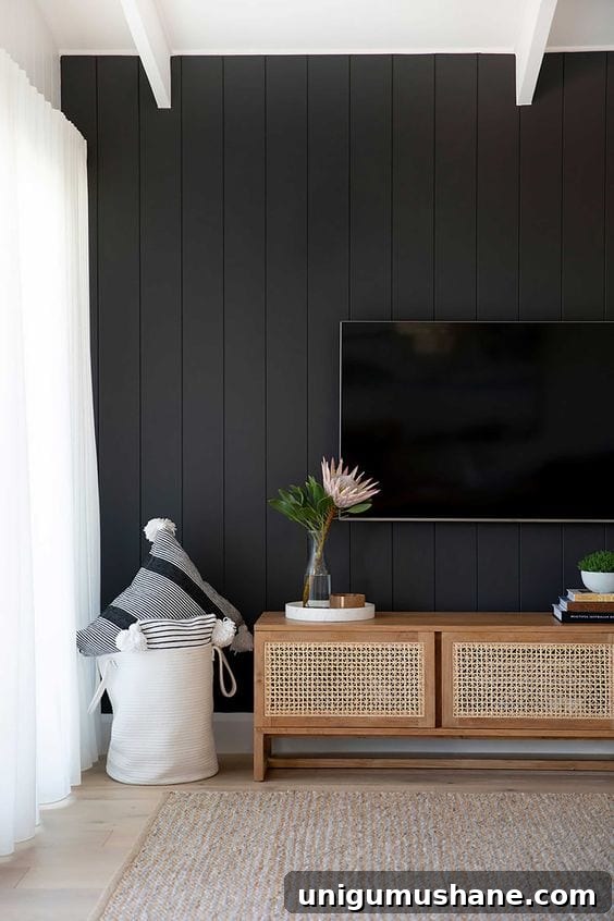 Black Paint Ideas for Dramatic Home Interiors 18 Black accent wall in a contemporary living room setting