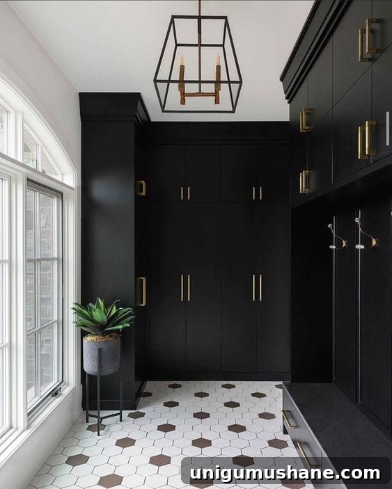 Black Paint Ideas for Dramatic Home Interiors 9 Black painted bedroom with contrasting bedding and brass accents