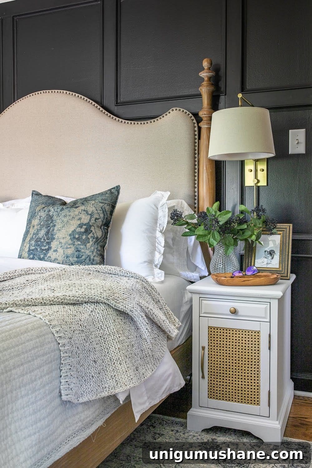 Cane Nightstand Makeover: DIY Upcycling Tutorial 9 DIY Cane Nightstand Makeover | How to turn a basic glass cabinet nightstand into a designer-worthy cane style that works for both modern and traditional styles.