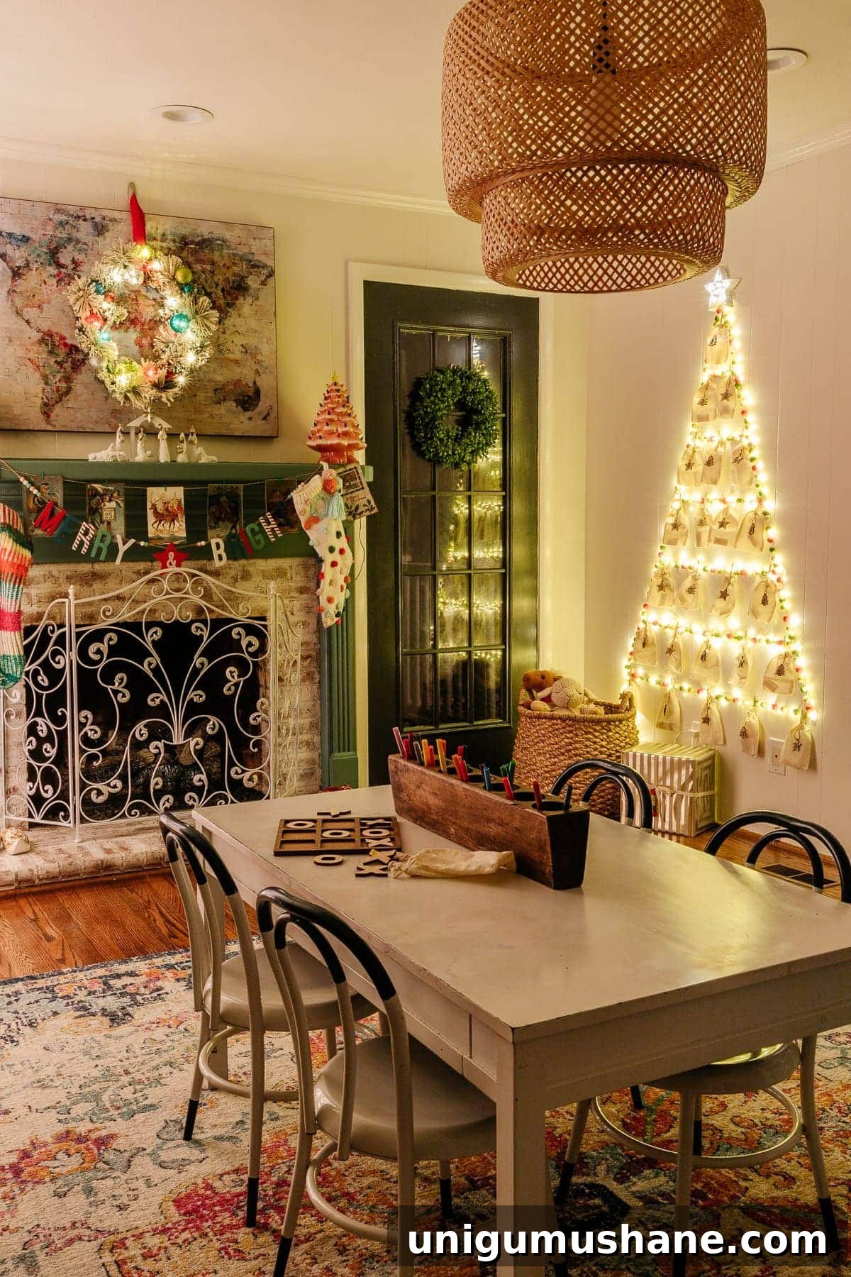 cheap DIY wall Christmas tree with lights in a playroom