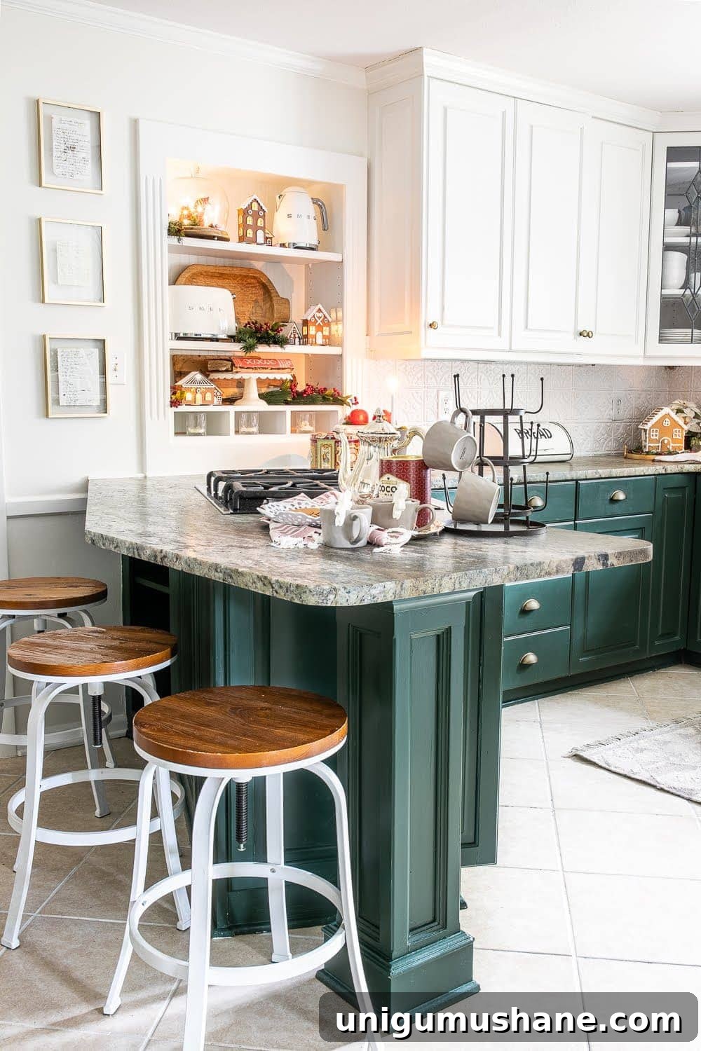 Mix Sentimental Heirlooms with New Decor for a Swedish Christmas 3 Christmas kitchen with hot cocoa station and styled shelves with gingerbread.