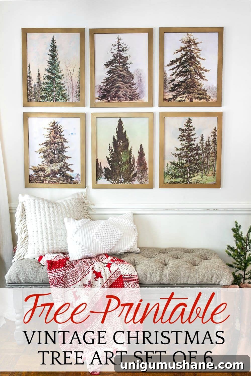 Vintage Christmas Tree Printable Gallery Wall Art Set 2 Free Printable Vintage Christmas Tree Art | A free Christmas printable art set of 6 featuring vintage Christmas trees that work in all types of decorating styles. #printableart #Christmasart