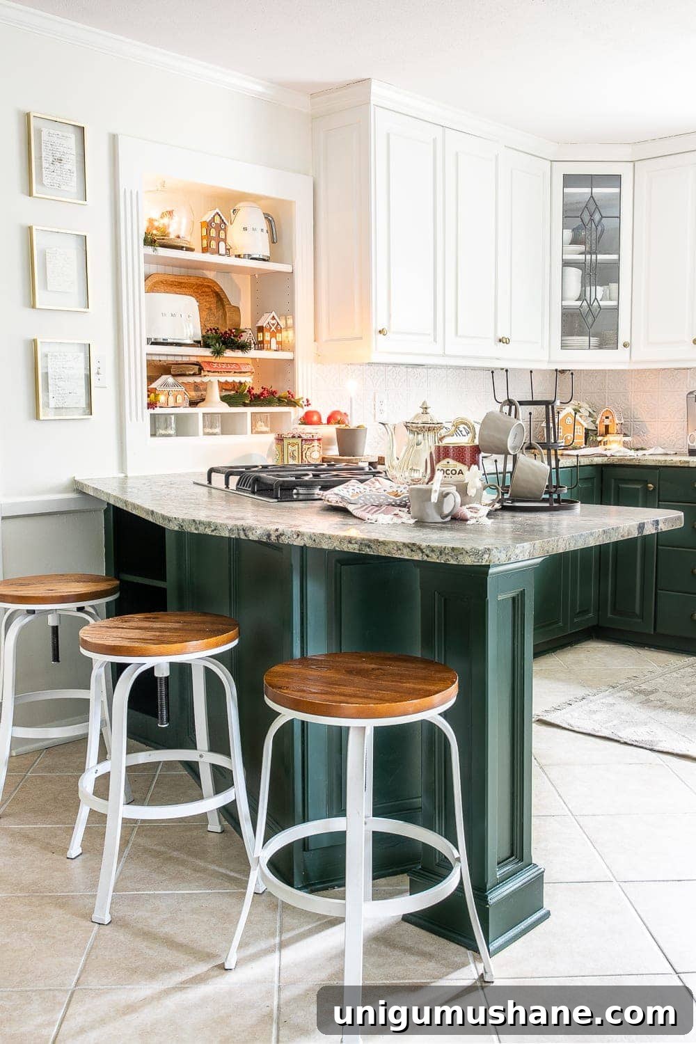 2019 Holiday Housewalk: Festive Home Tour Highlights 12 Christmas decor ideas | Christmas kitchen shelves decorated with gingerbread houses and a cocoa bar