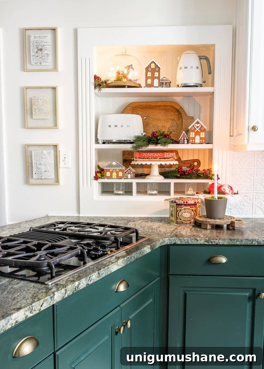 2019 Holiday Housewalk: Festive Home Tour Highlights 13 Christmas decor ideas | Christmas kitchen shelves and framed handwritten recipes from past generations
