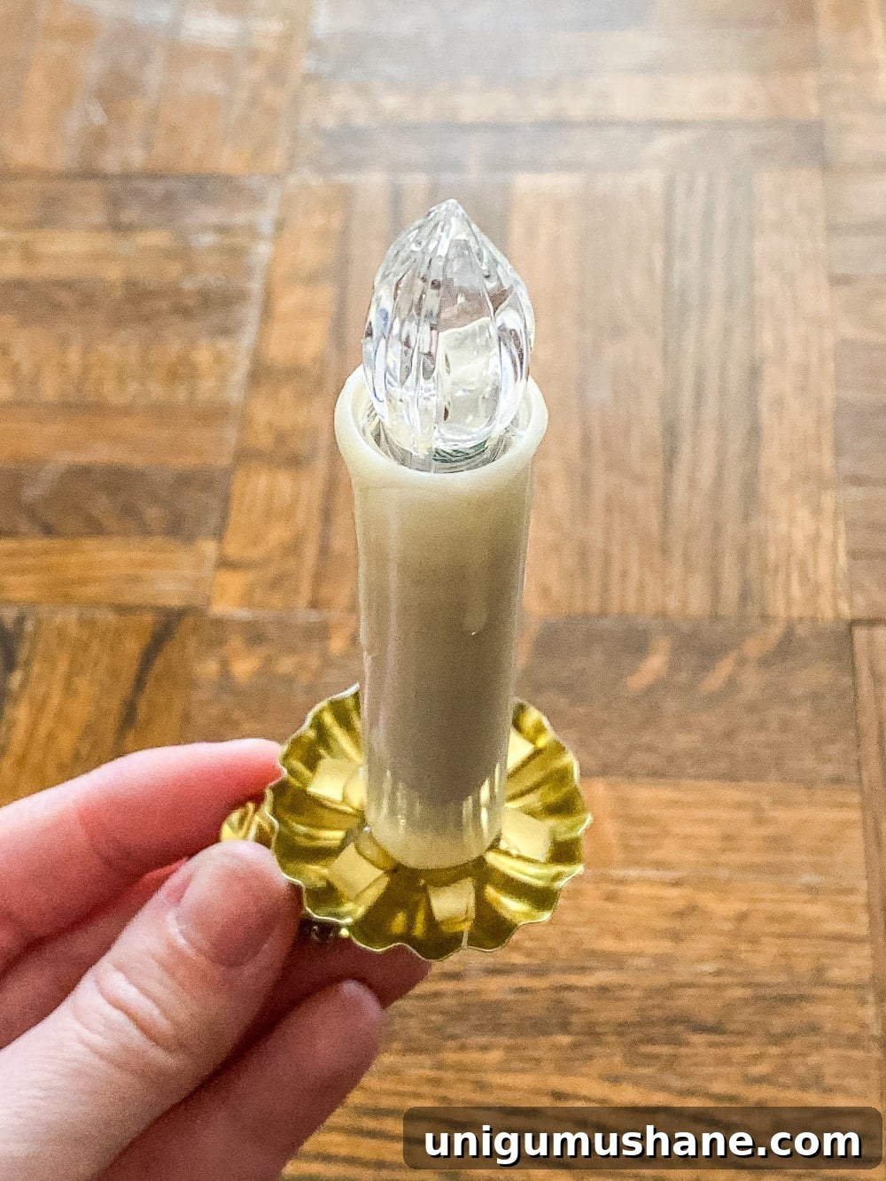 DIY Antique-Style Christmas Tree Candles 7 gluing brass candle holder to battery candle light