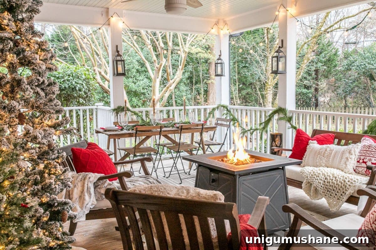Cozy Christmas Decorating Ideas for Your Back Porch 2 Cozy Christmas back porch with fire pit table, outdoor seating, and an outdoor dining space