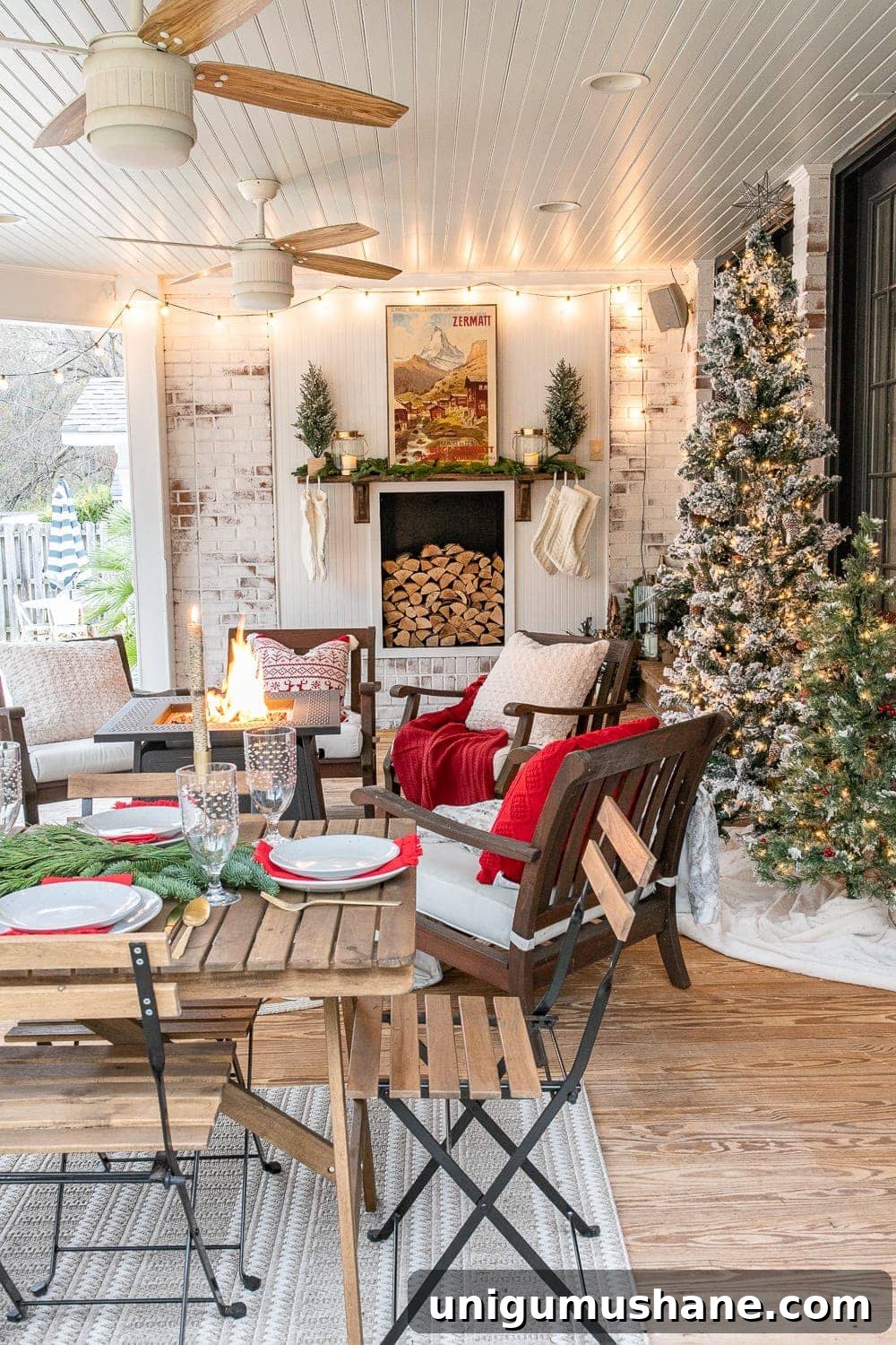 Cozy Christmas Decorating Ideas for Your Back Porch 4 Cozy Christmas back porch with faux fireplace and fire pit