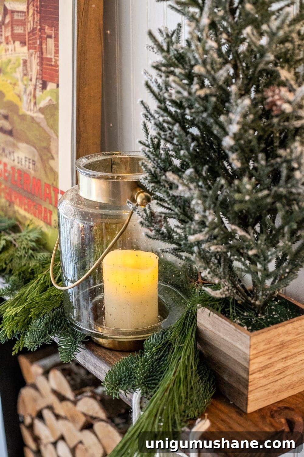 Cozy Christmas Decorating Ideas for Your Back Porch 10 Christmas mantel decor with fresh greenery, mini trees, and glass lanterns