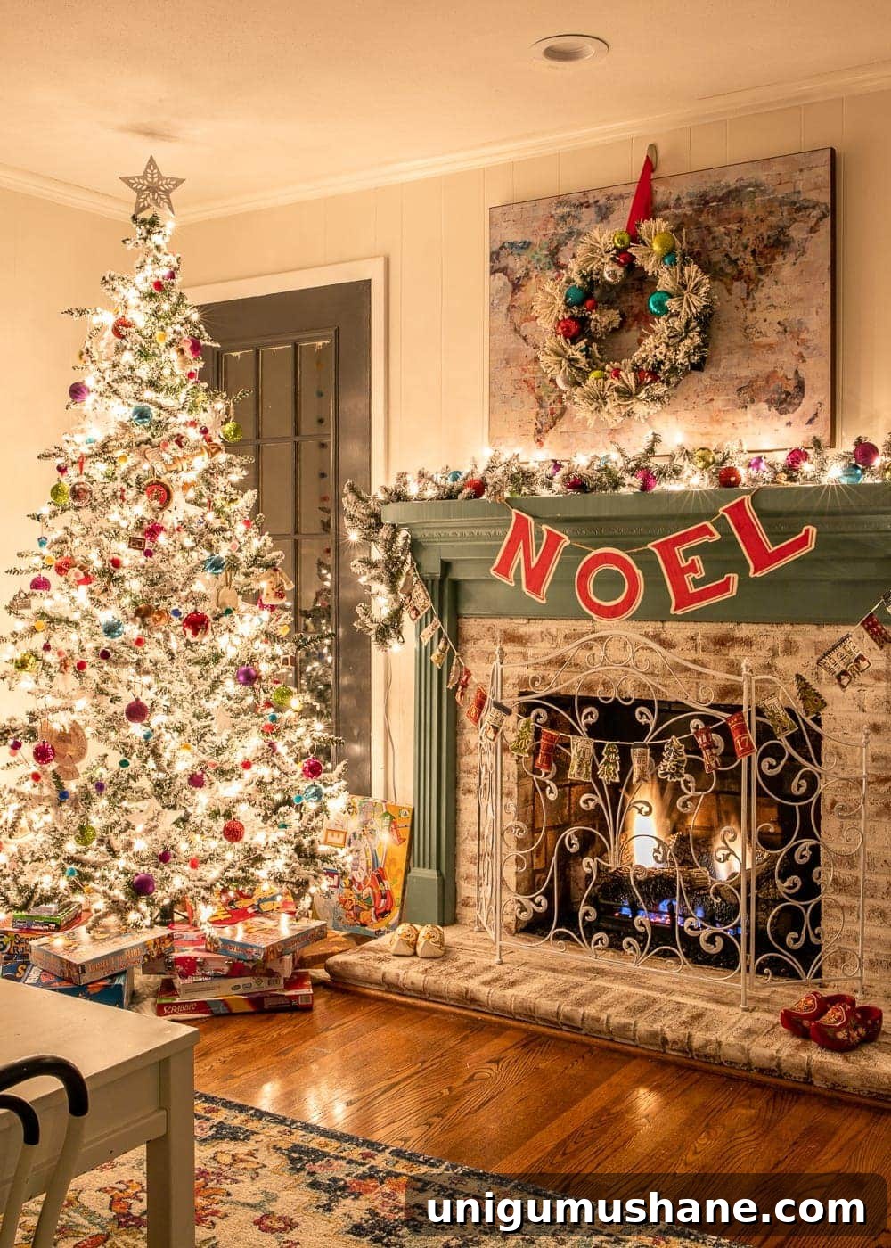Christmas playroom at night with fireplace and tree