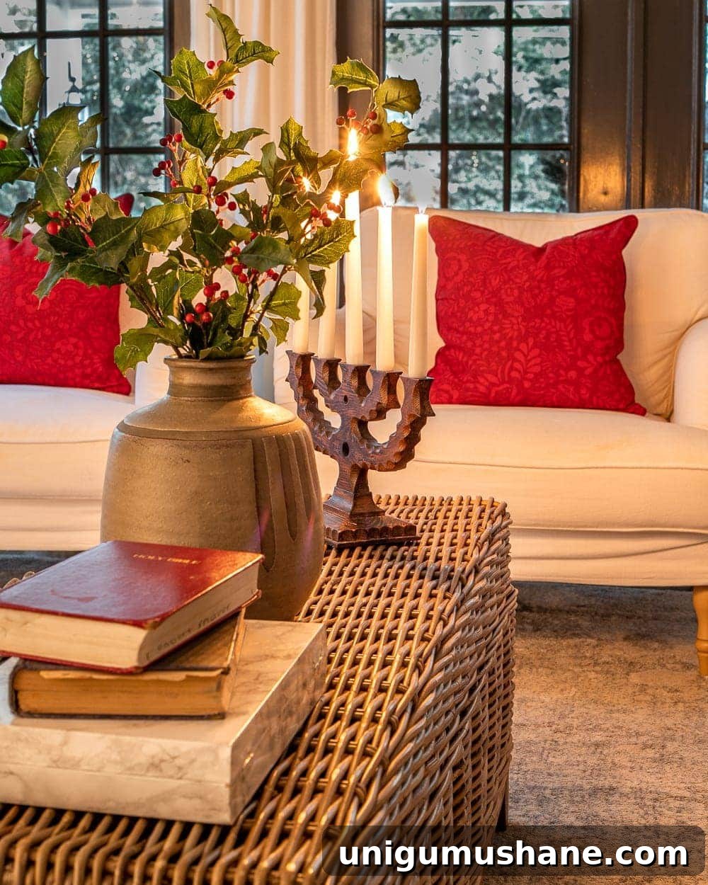 Christmas candlelight coffee table vignette living room
