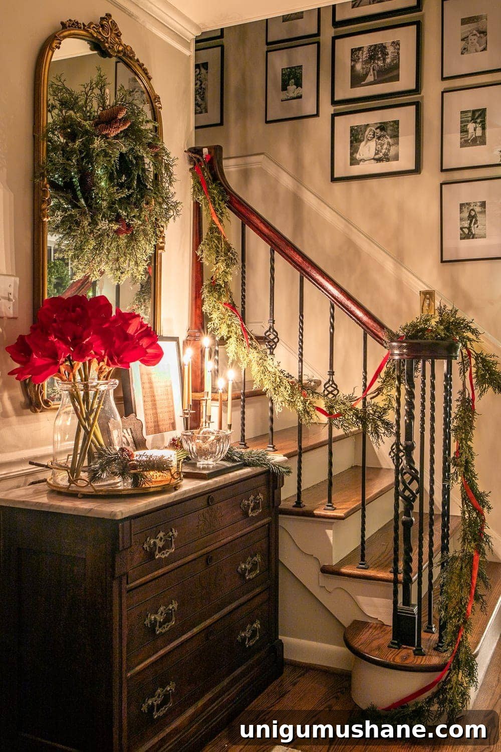 Christmas foyer and staircase at night