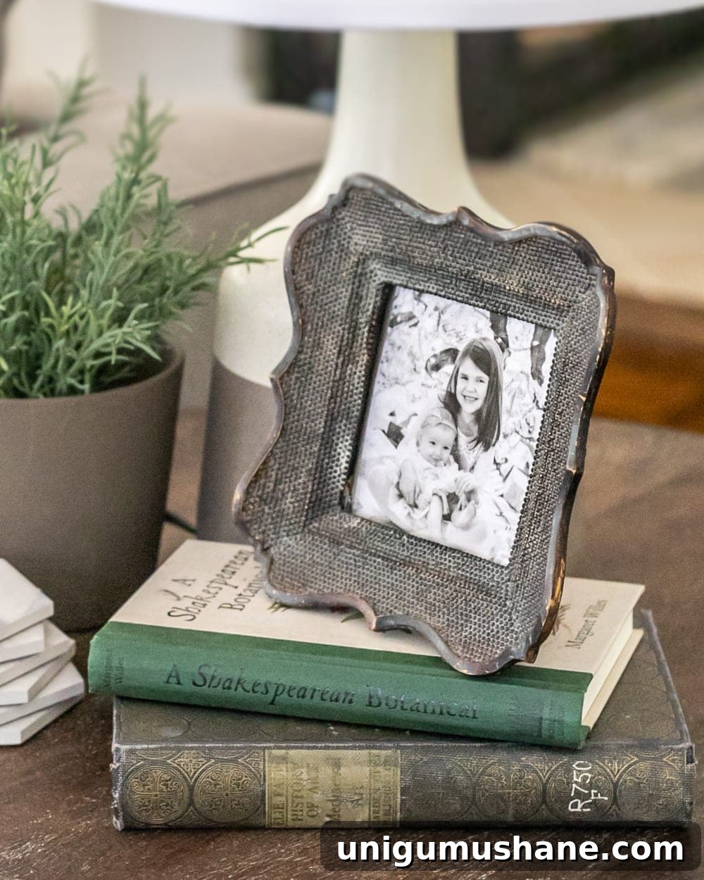 how to style end tables - using picture frames and books as risers