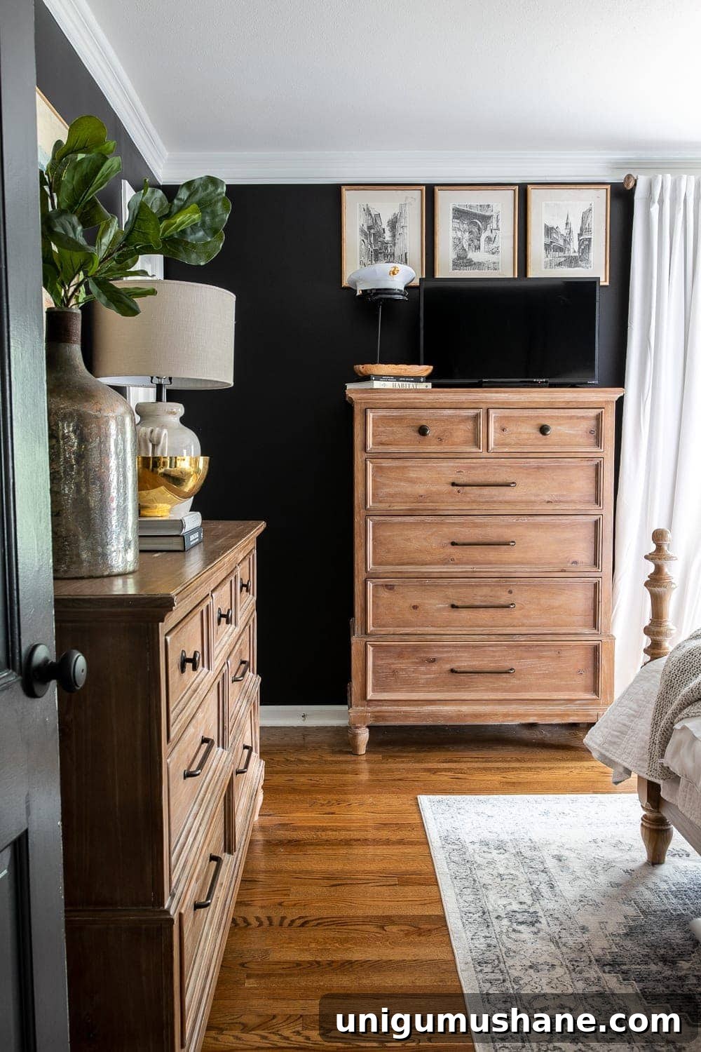 Moody Modern Vintage Master Bedroom Reveal and Design Ideas 7 Bedroom TV disguised on dresser top with black paint