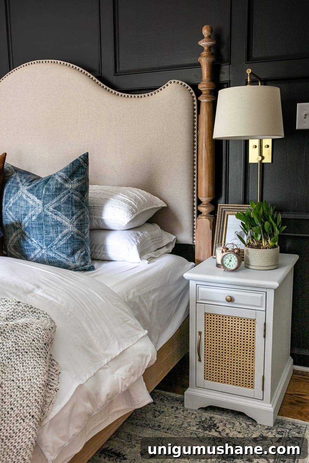 Moody Modern Vintage Master Bedroom Reveal and Design Ideas 6 Refreshed nightstand using cane webbing and paint