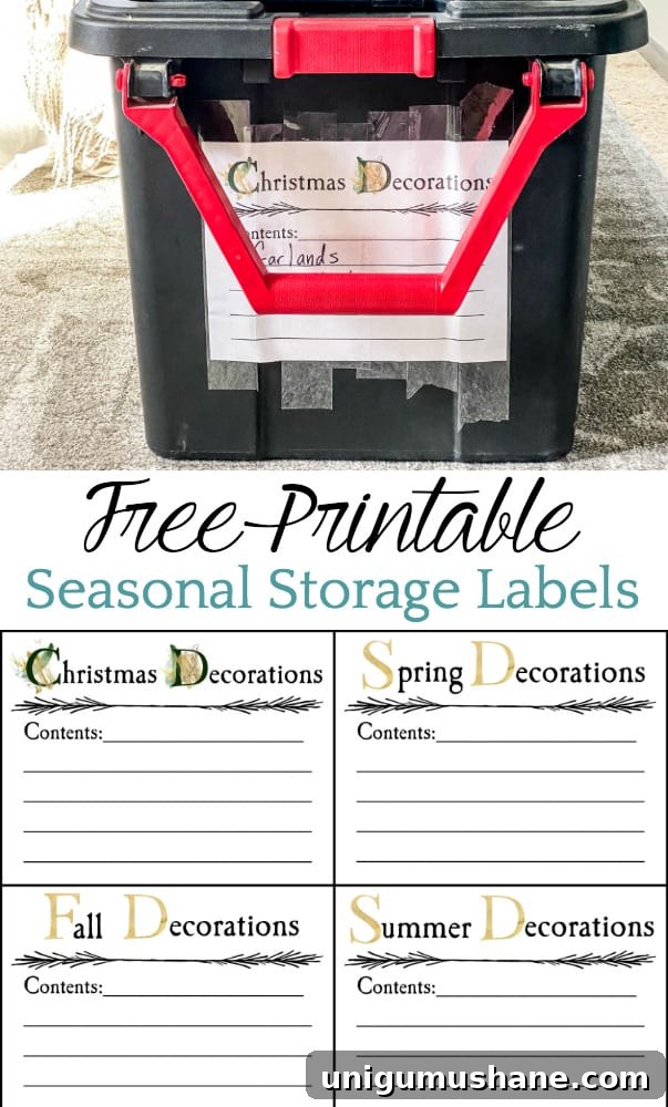 Attic Makeover: Label Seasonal Storage Bins for Organization 9 Our attic clean-out makeover and how we store our seasonal decor + free printable seasonal storage bin labels for Christmas, spring, summer, and fall.