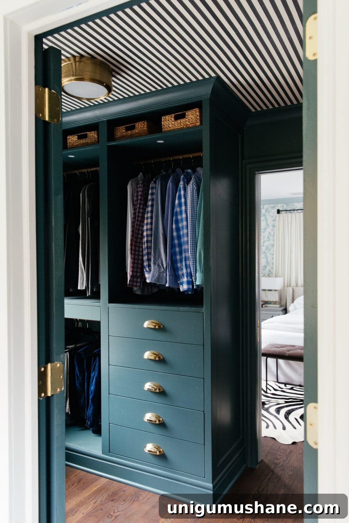 blue green IKEA PAX Closet with striped ceiling