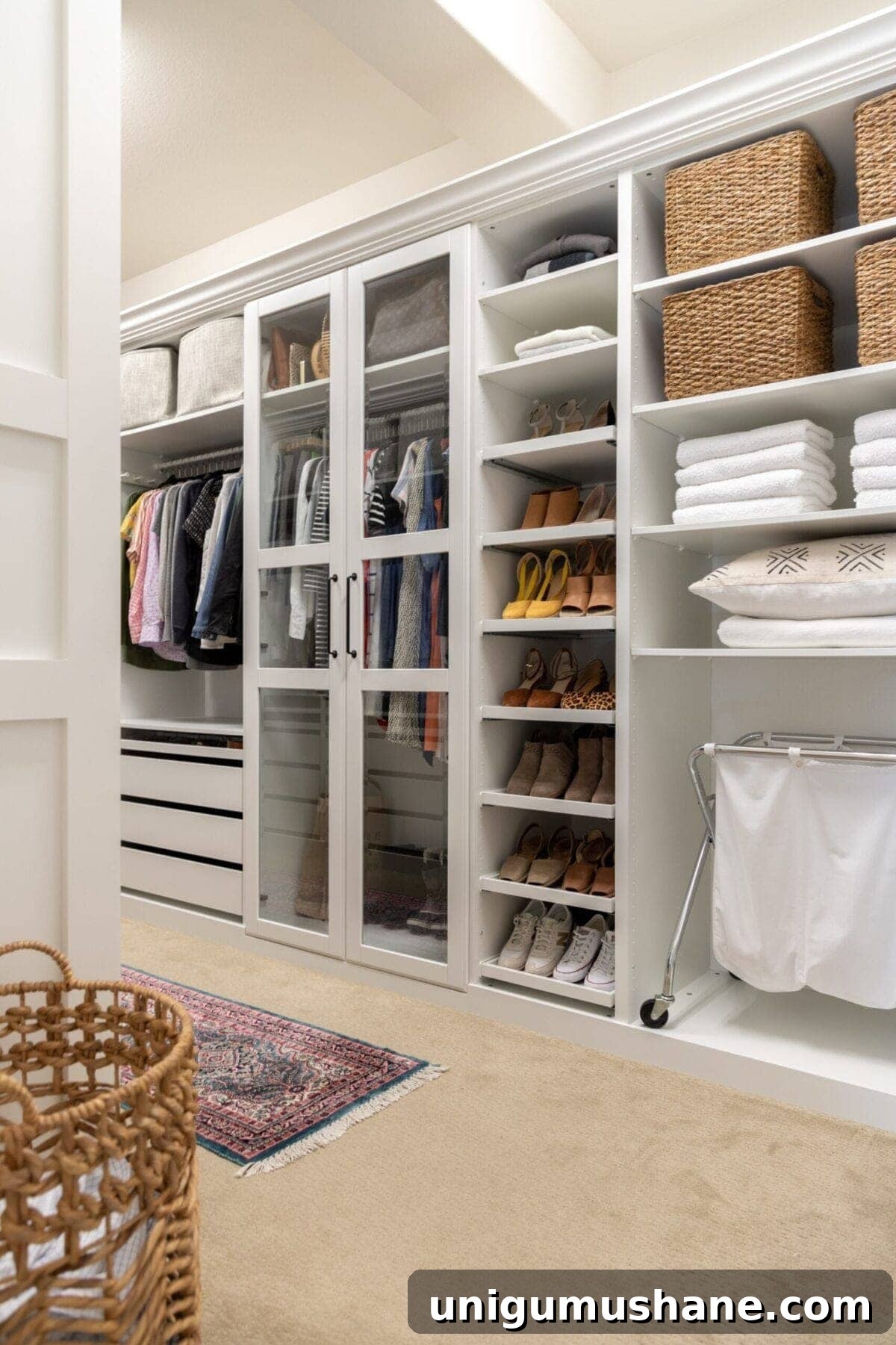 Closet with glass front doors shoe shelves and hamper