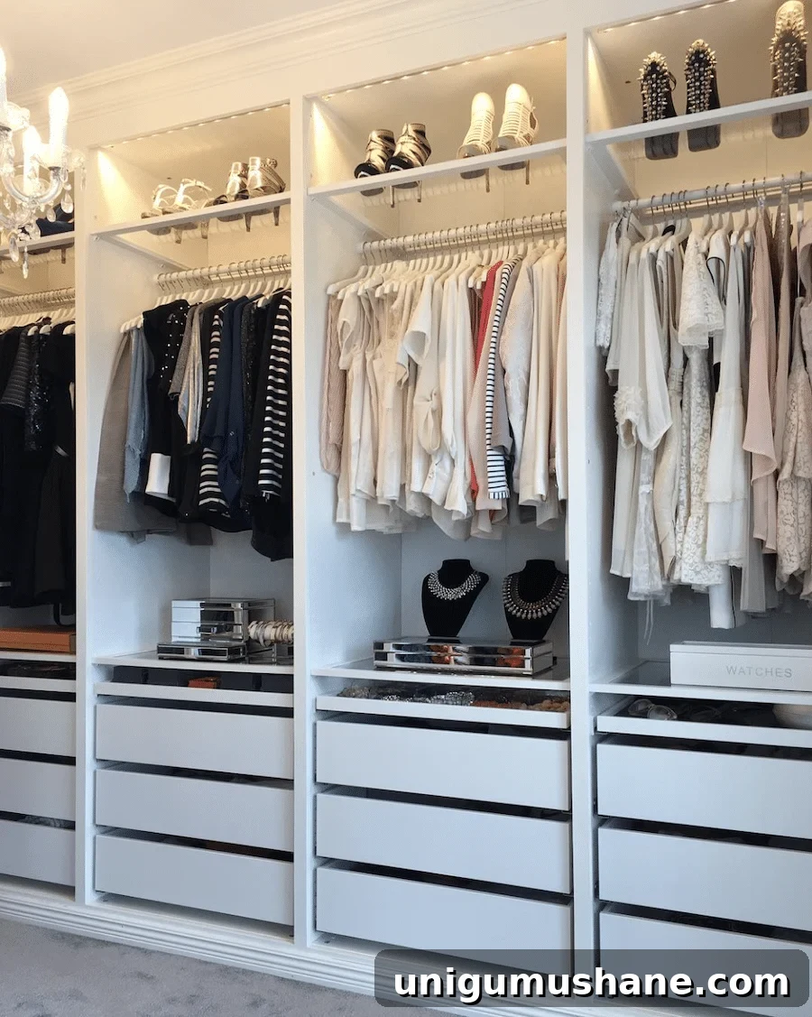 built in IKEA closet system with clear shelves for shoes