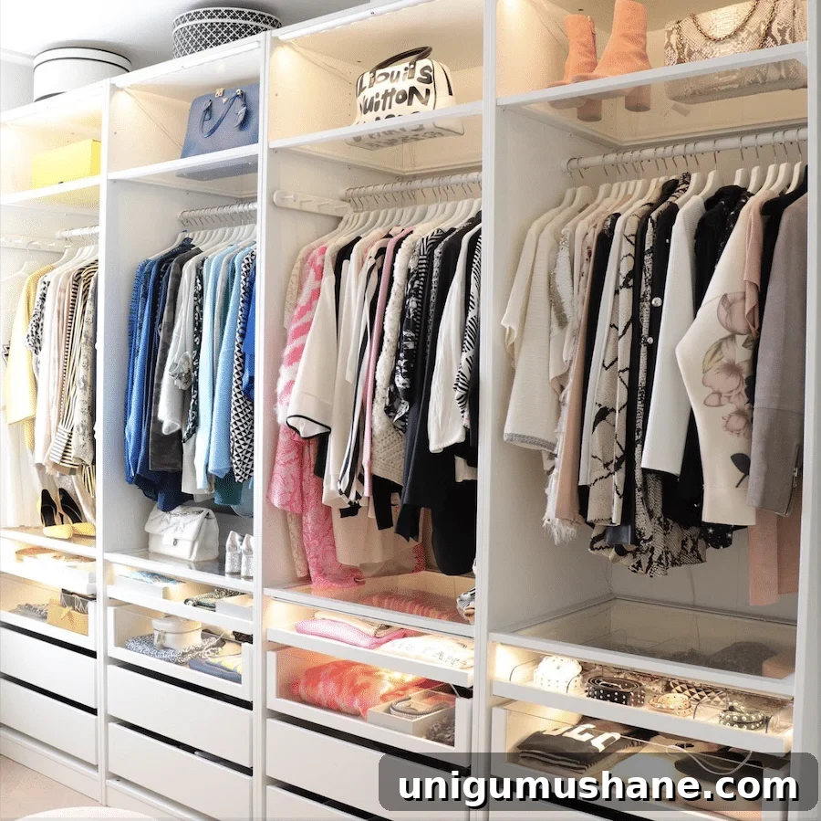 IKEA PAX closet shelving and drawers with motion sensor lights