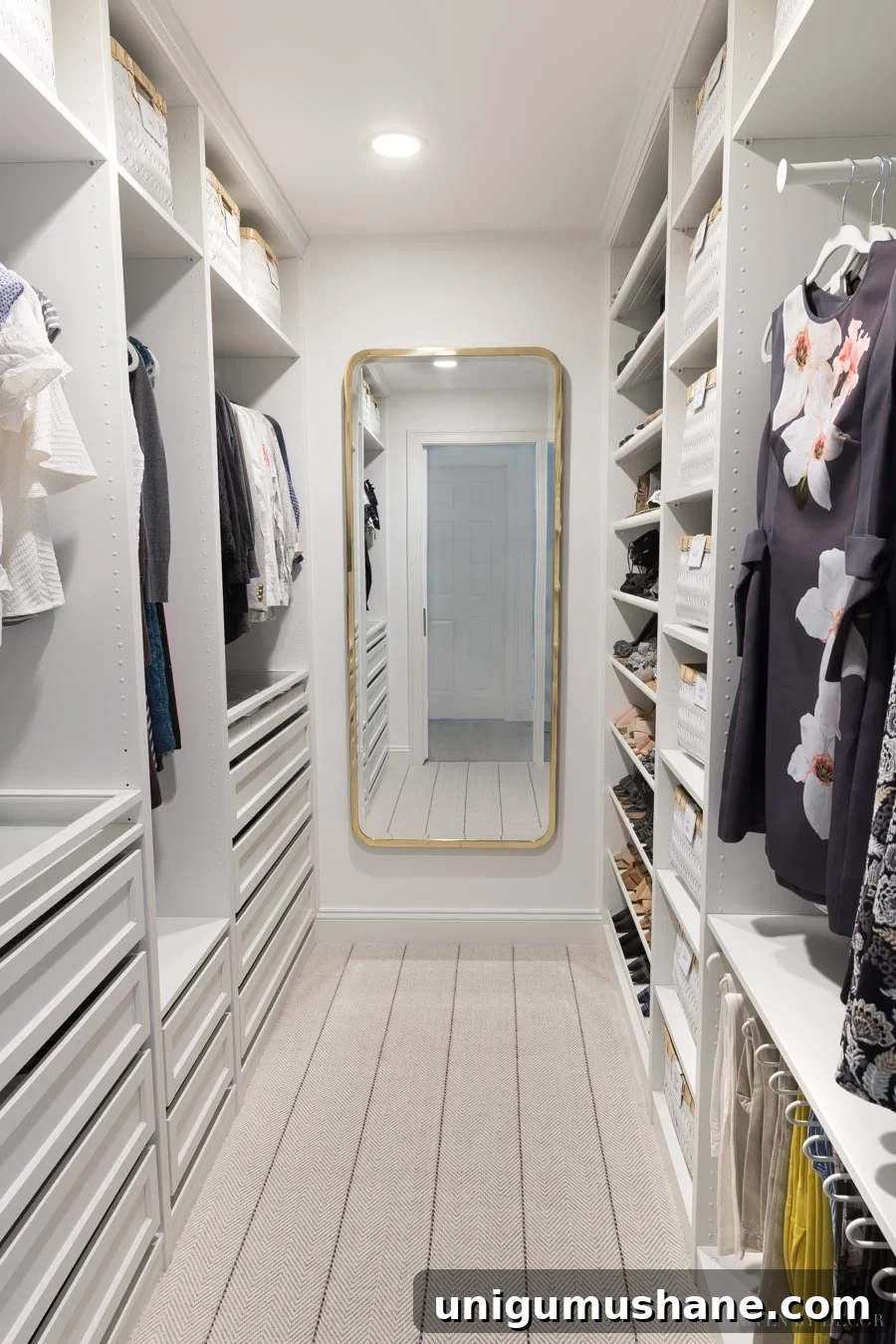 full length mirror in a master closet with IKEA shelves and drawers
