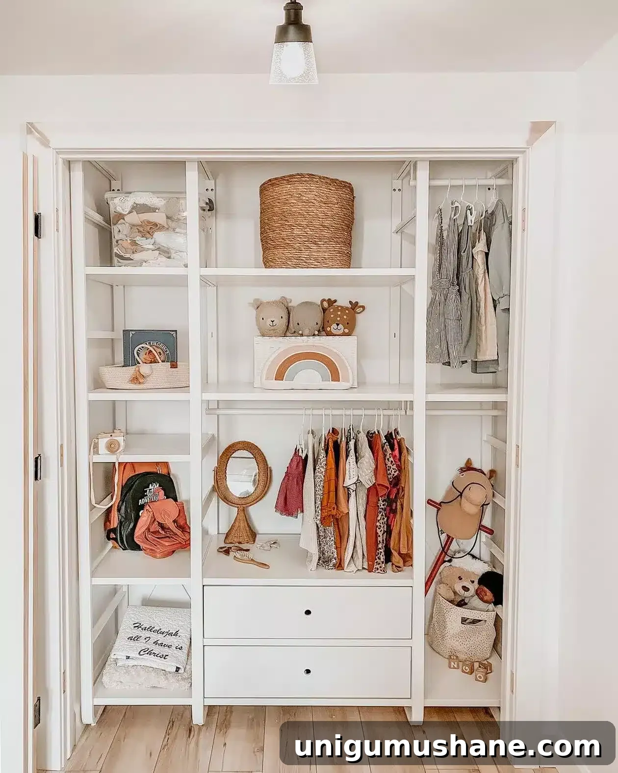 built in baby closet made from shelving units