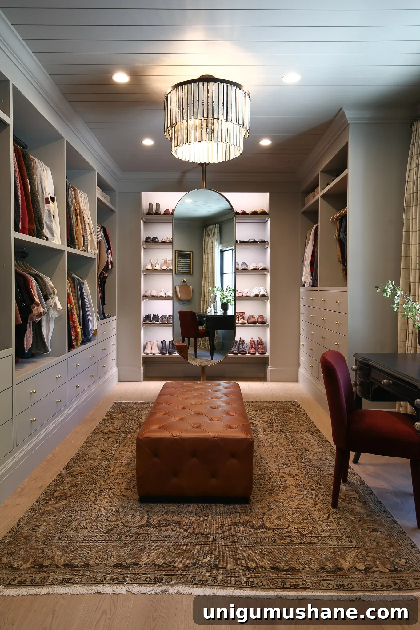 modern traditional master closet with mirror stand and vanity
