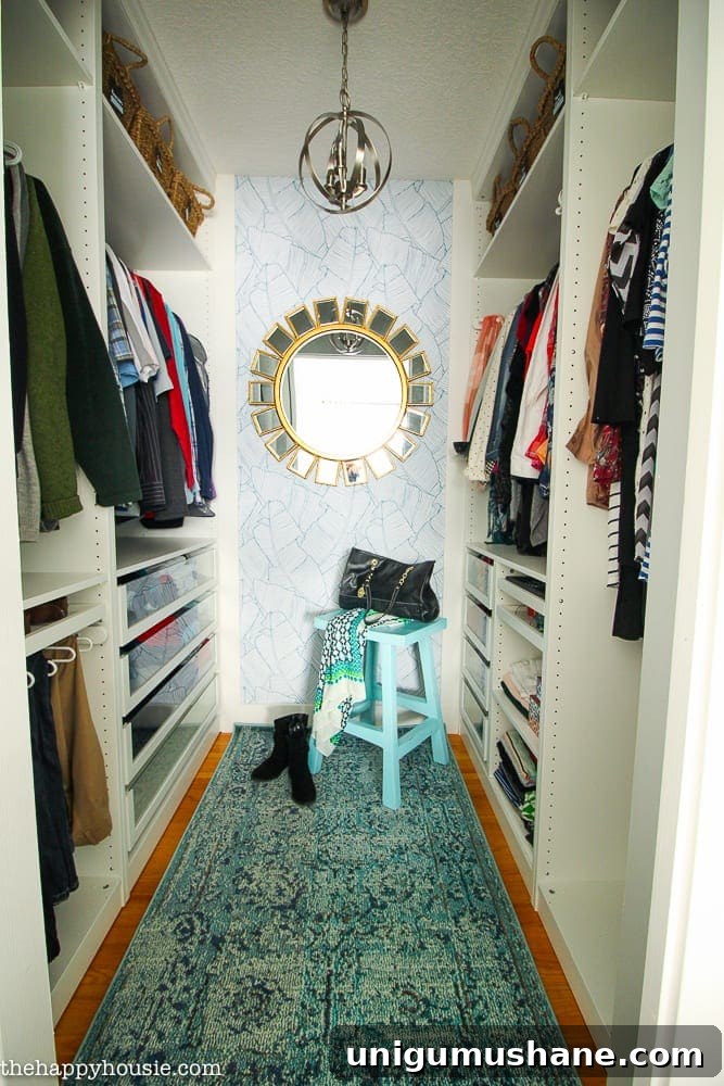 IKEA PAX Closet with rug and wallpaper focal wall
