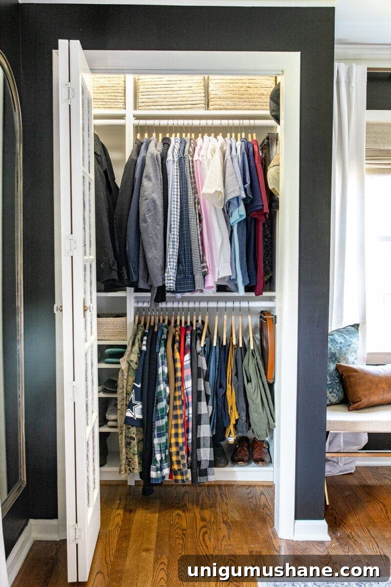 finished closet shelves with wooden hangers