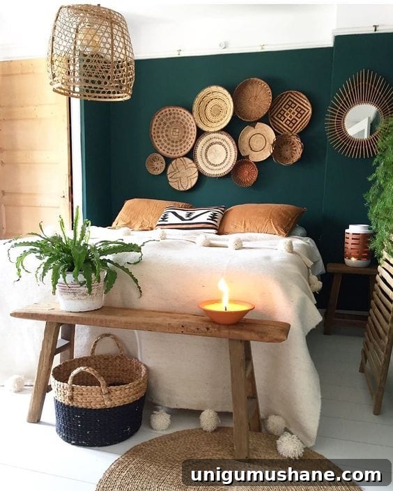 28 Creative DIY Wall Decor Ideas to Transform Your Blank Walls 24 baskets hanging on a bedroom wall above a bed