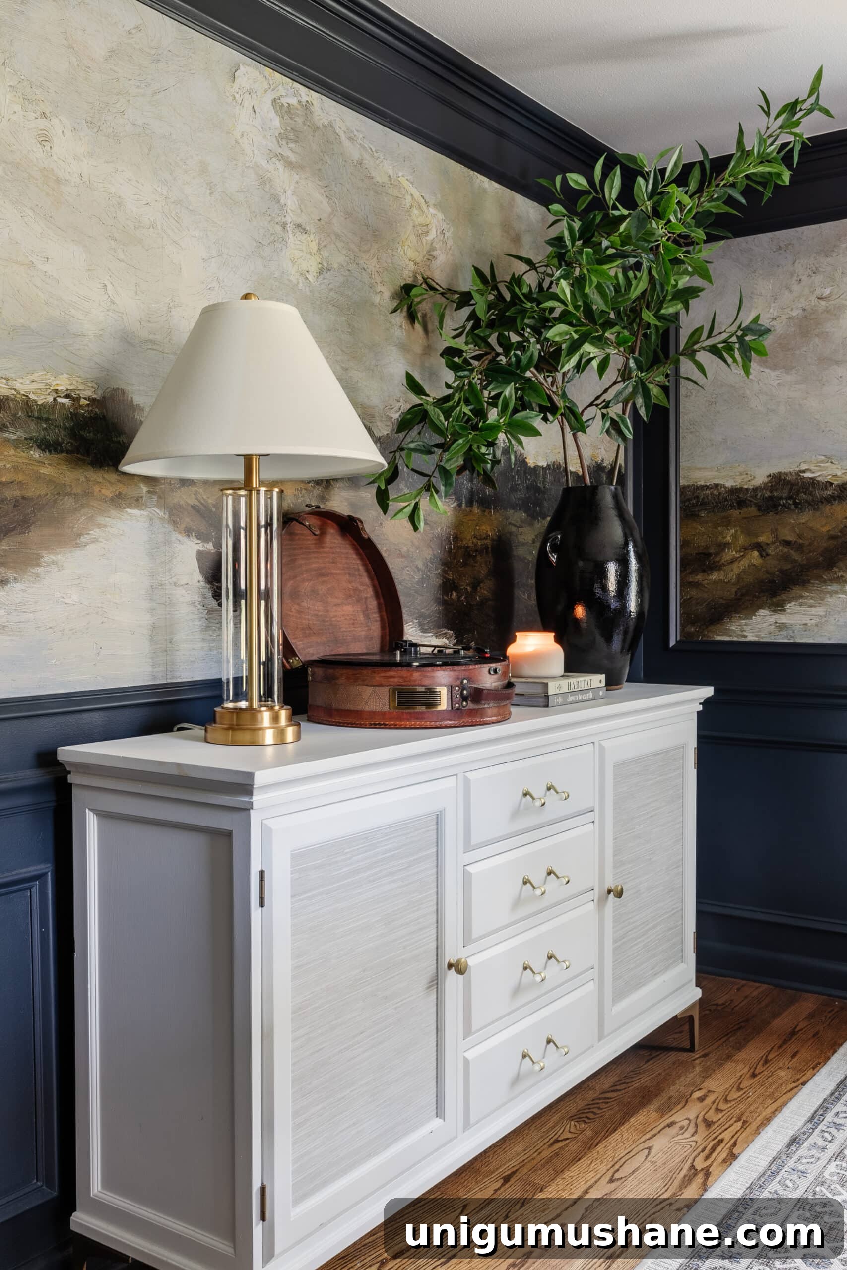 28 Creative DIY Wall Decor Ideas to Transform Your Blank Walls 27 peel and stick scenic mural behind a dining room sideboard