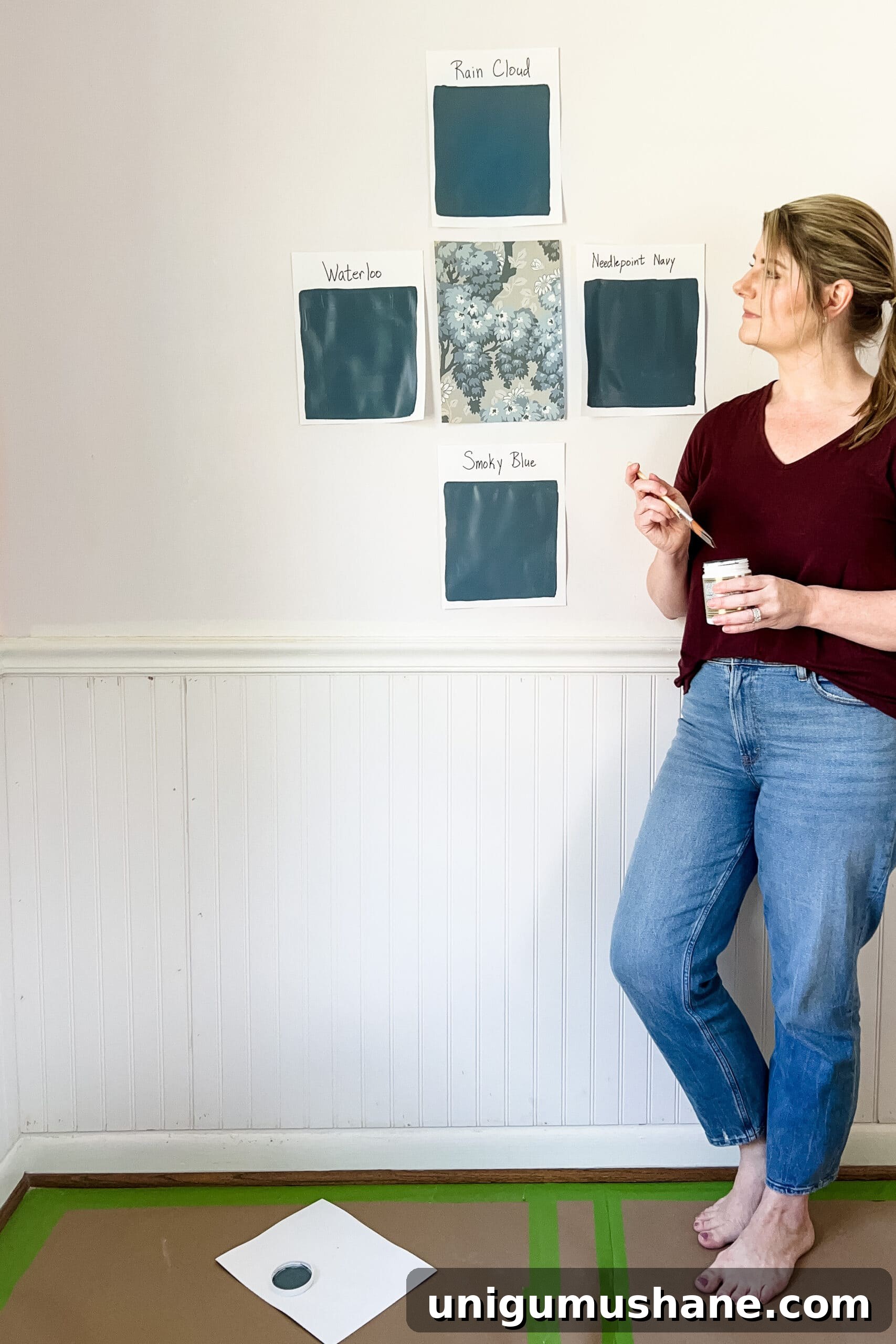 How to Choose Interior Paint Colors Like a Pro 16 paint color samples on white card stock to test the best blue paint color for a bedroom Sherwin Williams Needlepoint Navy, Rain Cloud, Waterloo, Smoky Blue
