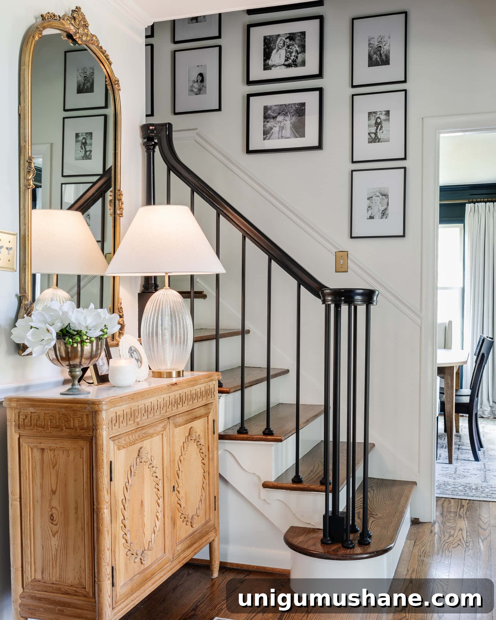 How to Choose Interior Paint Colors Like a Pro 17 lamp with 3000K light bulb on an entryway table in a foyer painted Benjamin Moore Chantilly Lace