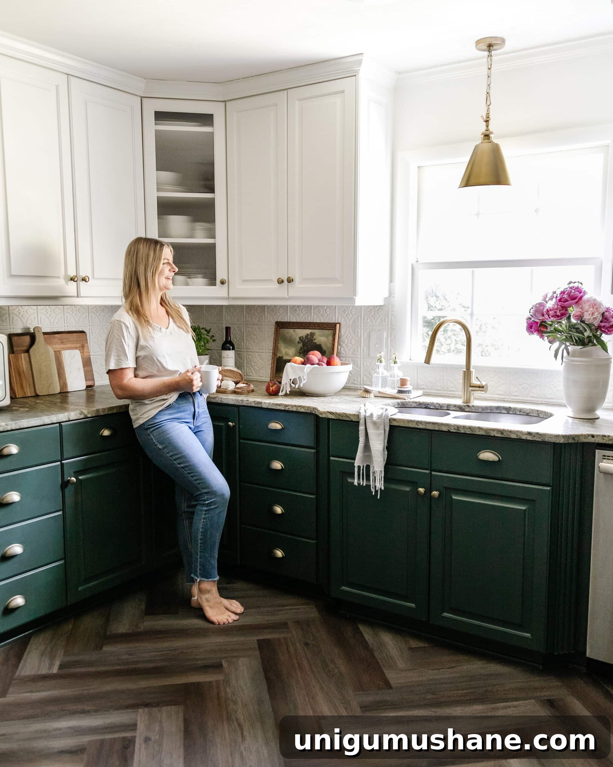 How to Choose Interior Paint Colors Like a Pro 4 kitchen cabinets painted Sherwin Williams Billiard Green and Benjamin Moore Simply White