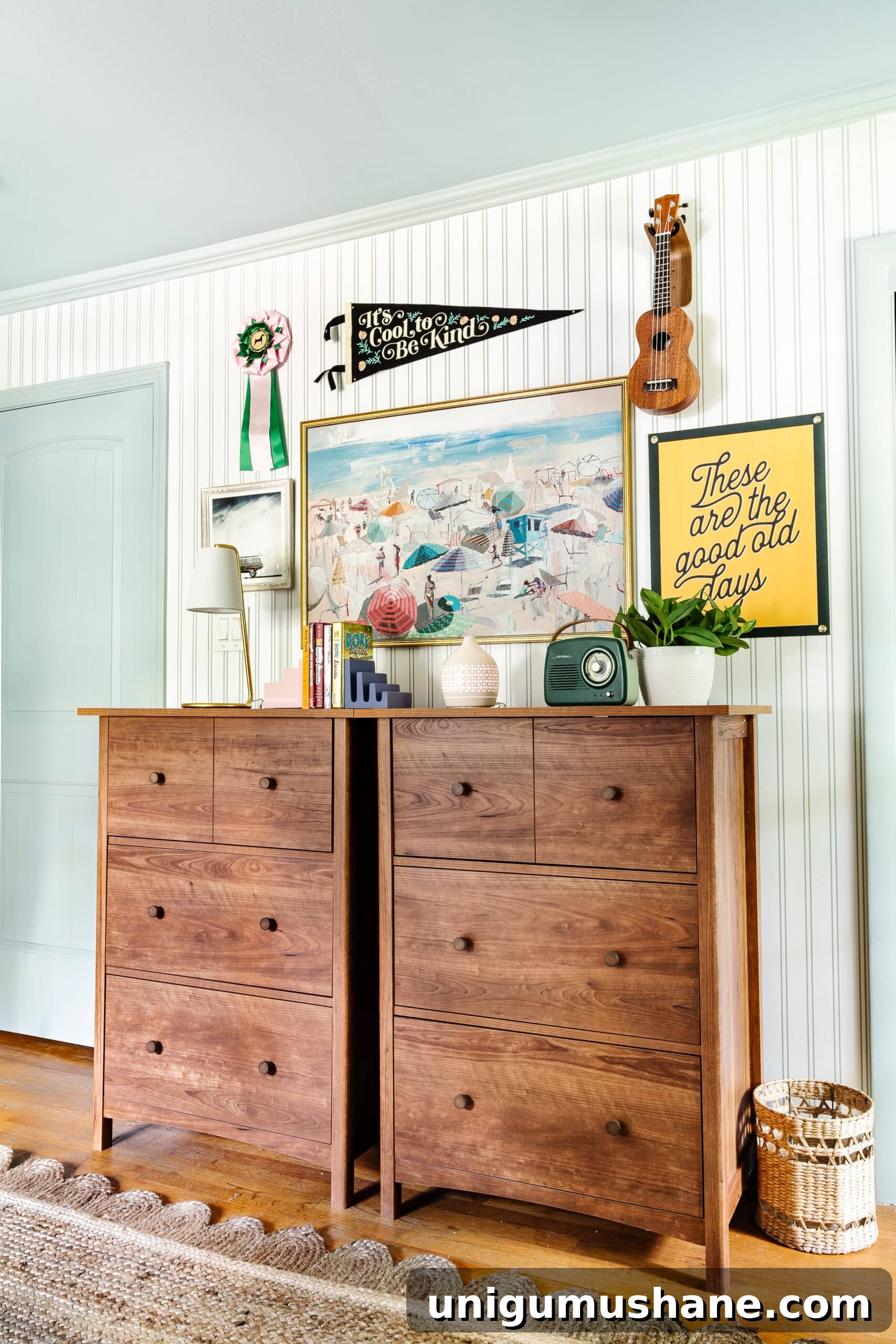 How to Choose Interior Paint Colors Like a Pro 7 girls bedroom painted Romabio Carolina Sky with dresser desks and gallery wall art