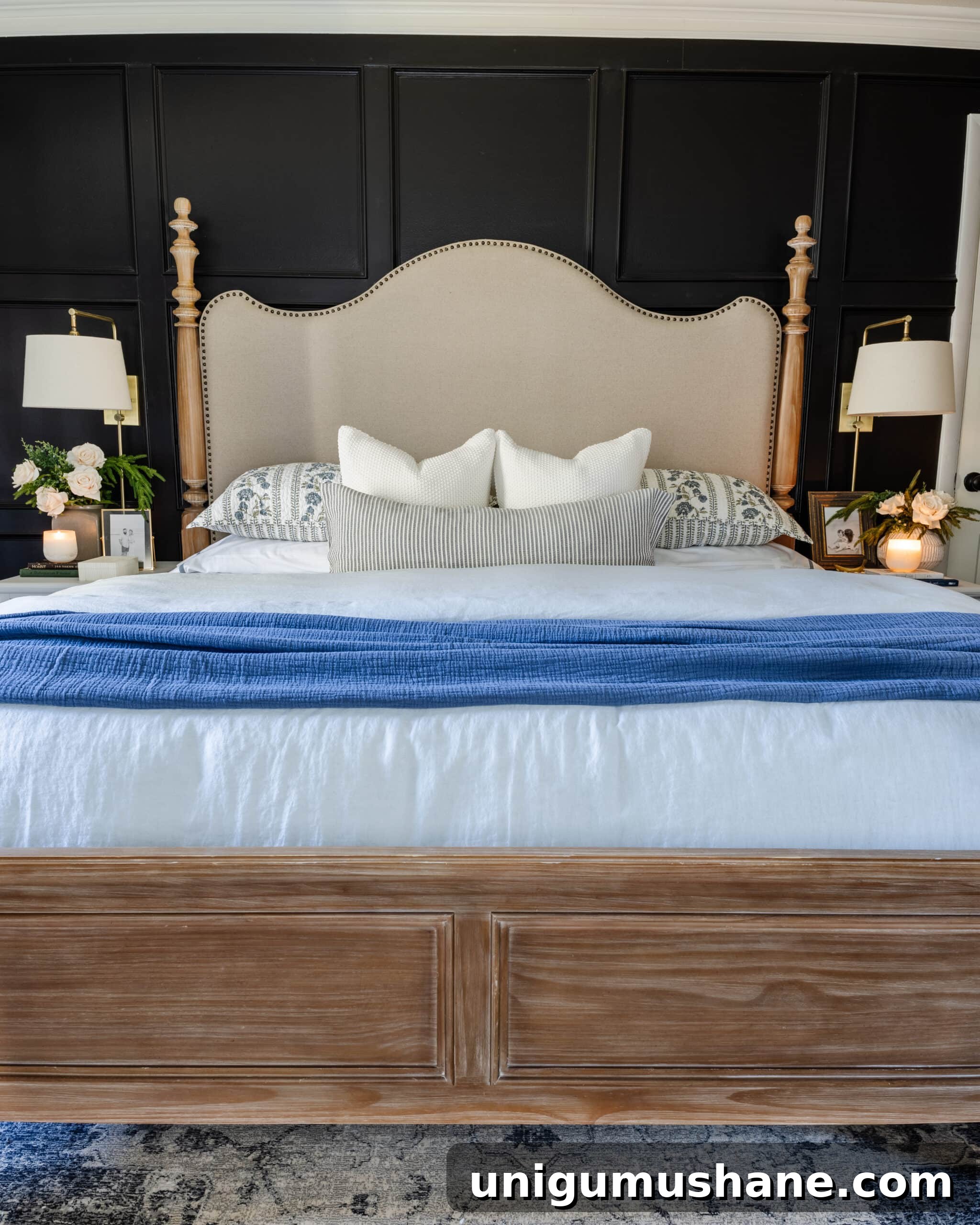 How to Choose Interior Paint Colors Like a Pro 9 Black bedroom painted KILZ Rebel with upholstered wood poster bed and blue bedding