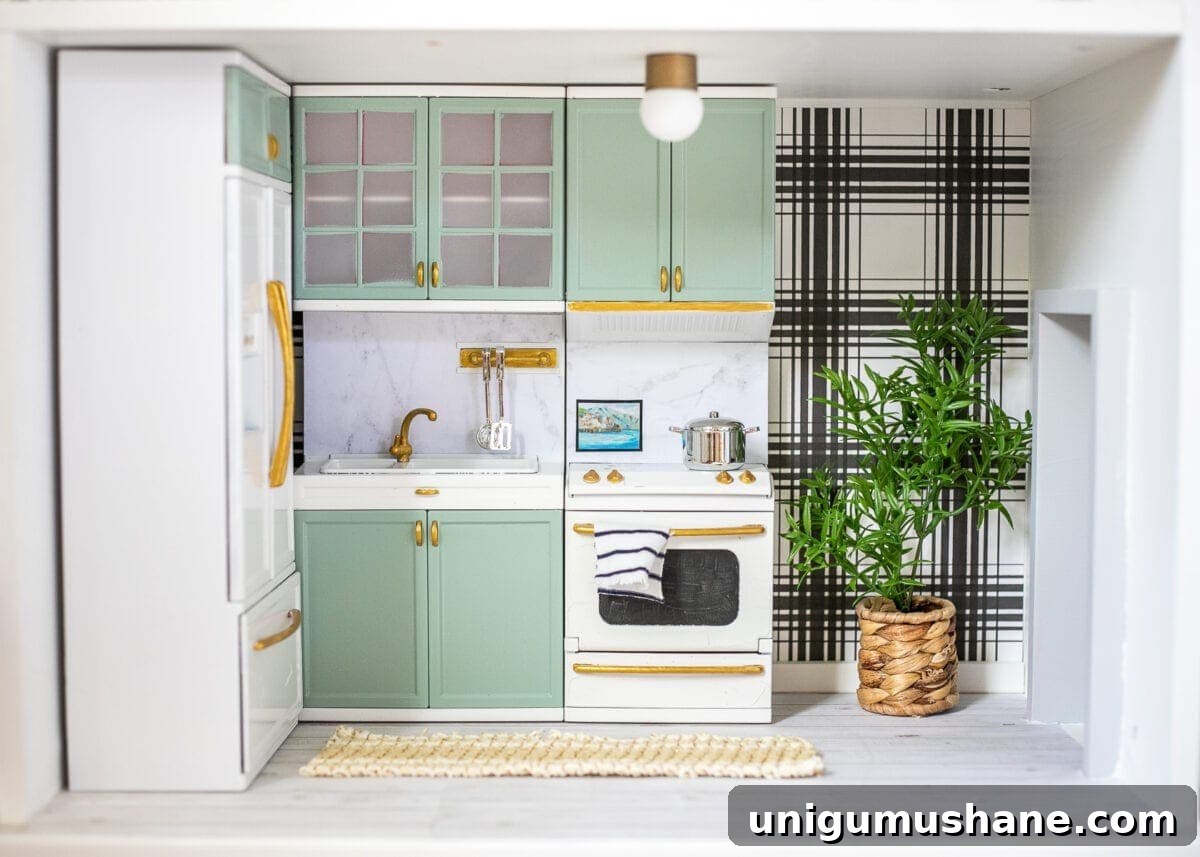 doll kitchen in a DIY dollhouse using scrapbook paper and Barbie furniture