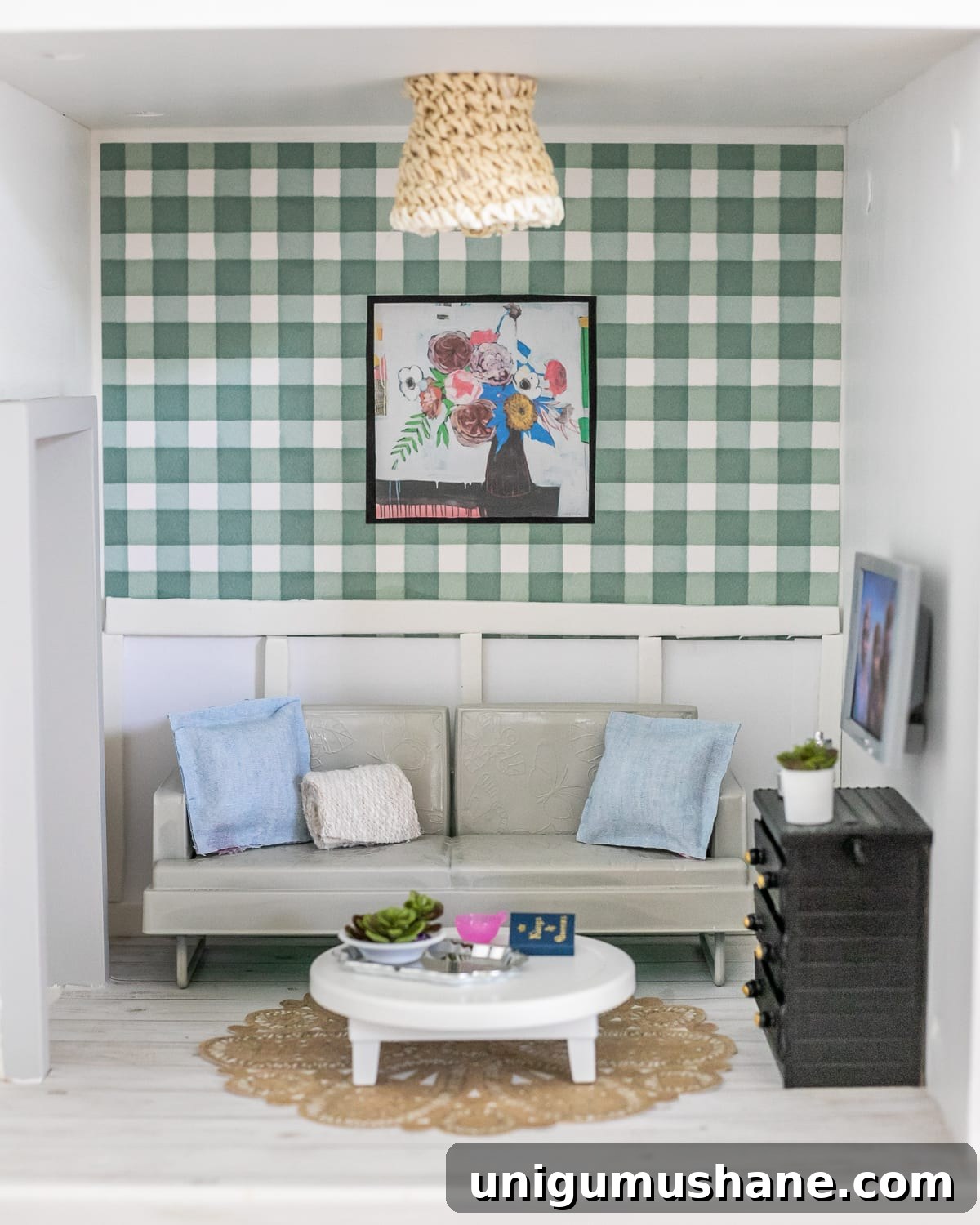 Barbie living room using handmade and thrifted items