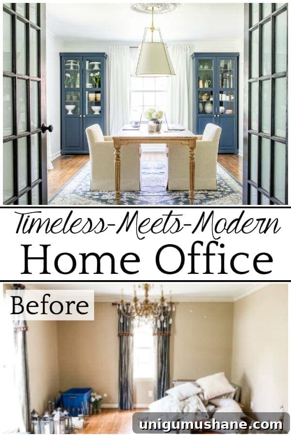 Home Office Makeover Reveal Modern Workspace Before and After 15 Timeless Meets Modern Home Office | An outdated dining room gets converted to a light and bright home office with a timeless new look and functional storage.