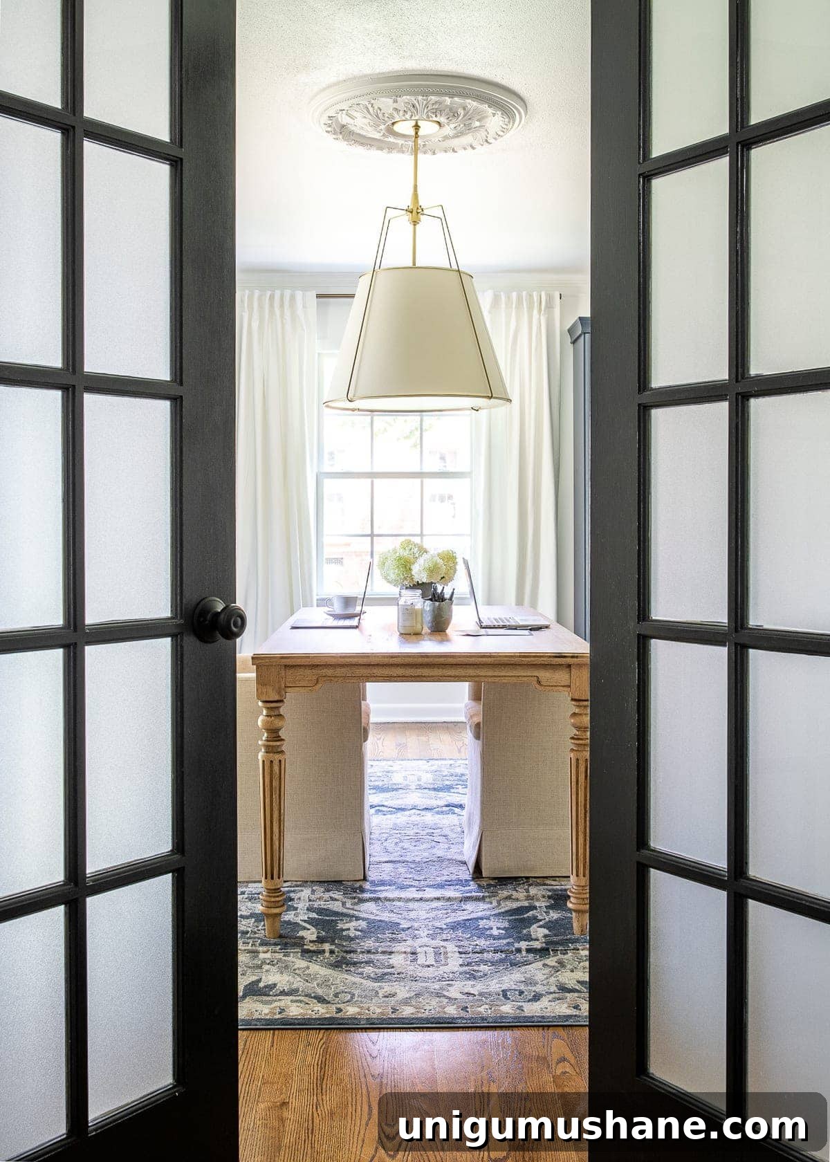 Home Office Makeover Reveal Modern Workspace Before and After 3 home office with French doors and frosted glass
