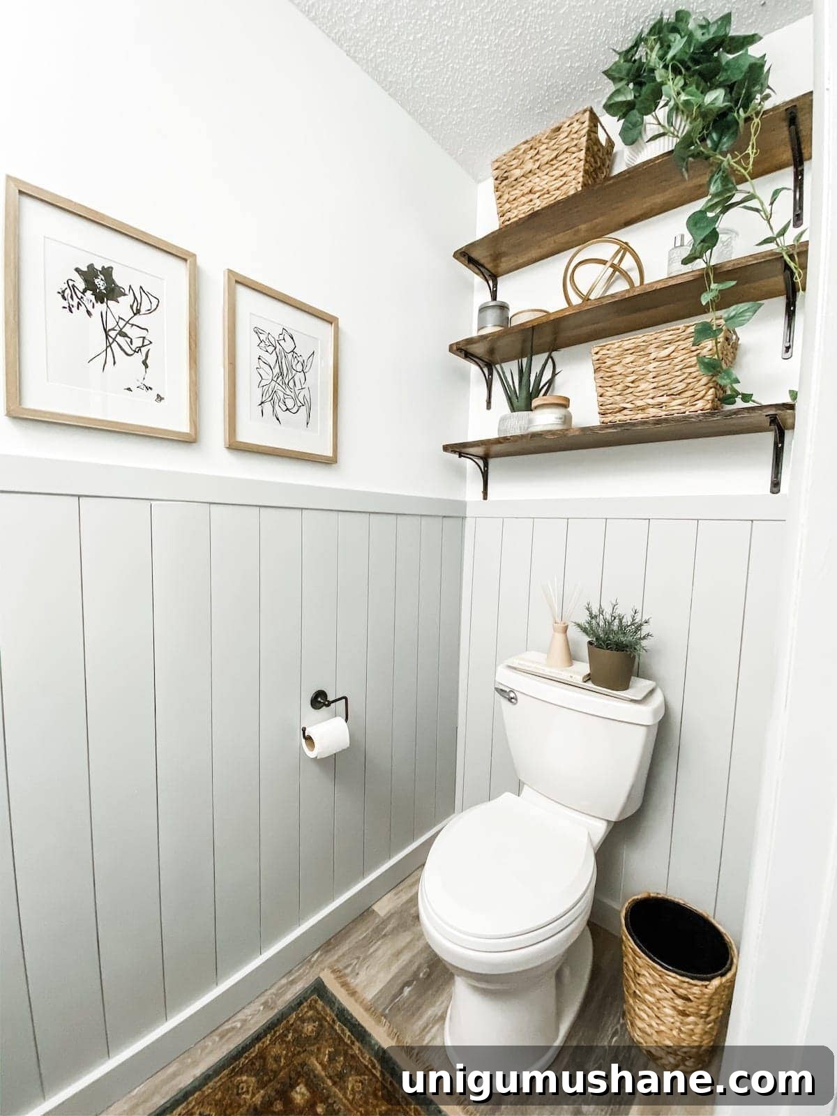 California Casual Powder Room Makeover: Before and After 12 bathroom shelving above toilet with plants and decor