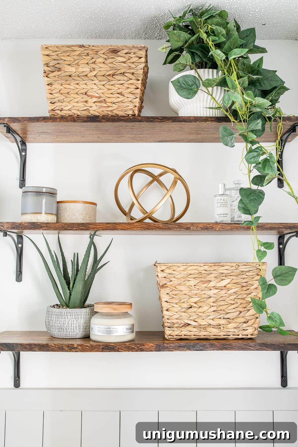 California Casual Powder Room Makeover: Before and After 13 bathroom shelves with baskets, small storage, plants, and decor
